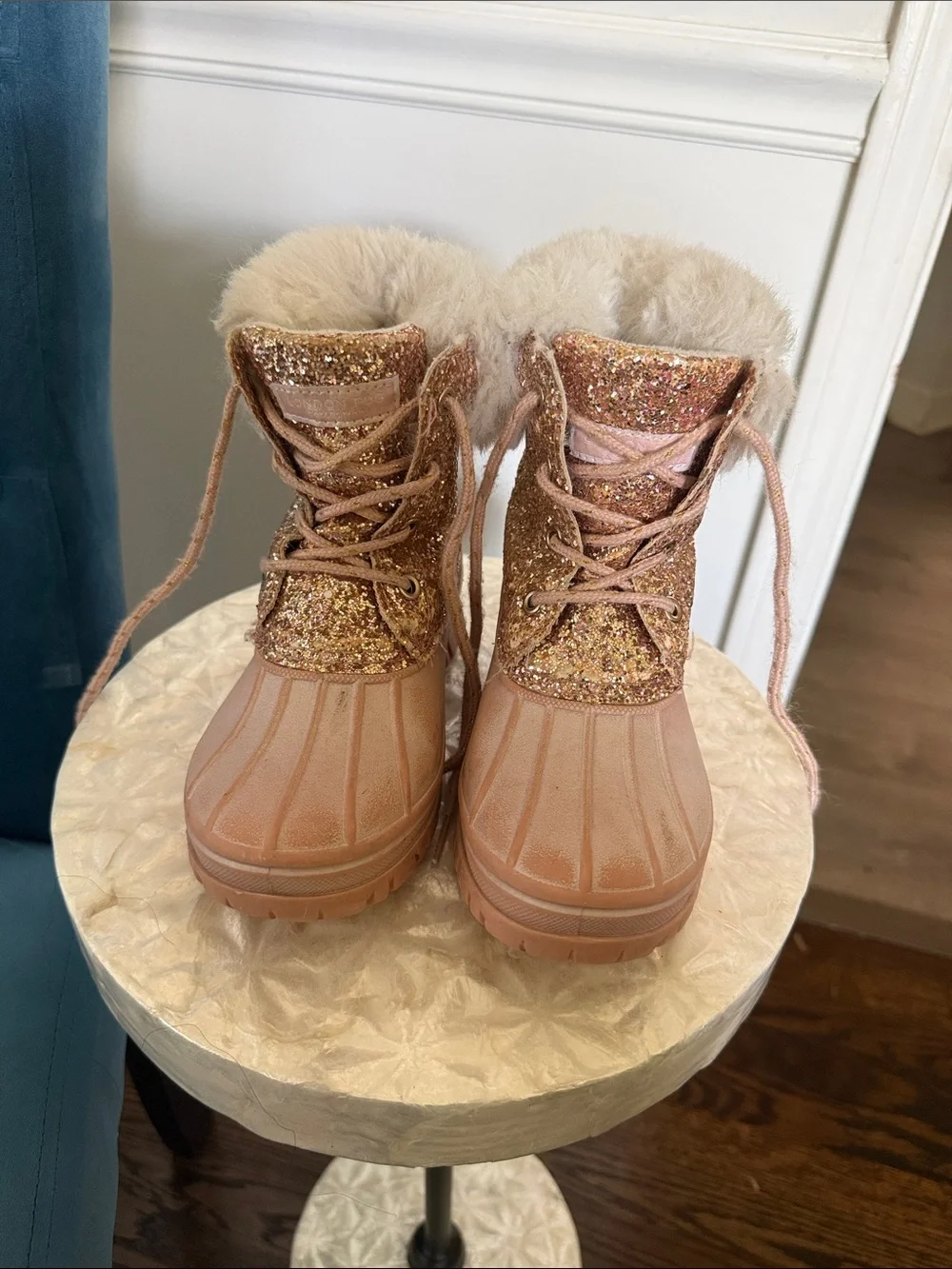 London Fog Girls' Rose Gold Glitter Faux-Fur Winter Boots